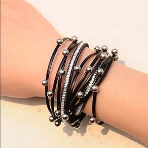 Shiny silver beaded leather wrap bangle bracelet